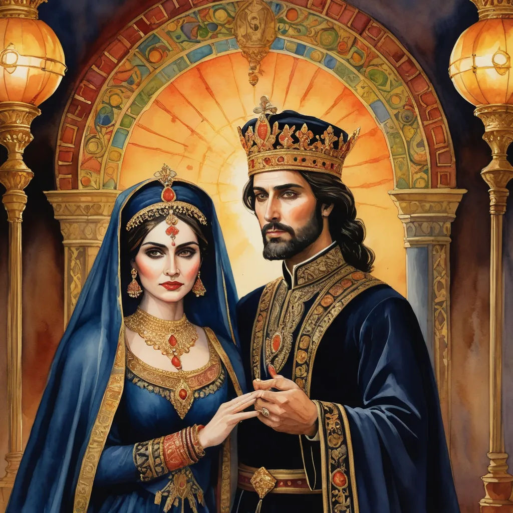 a painting of a man and woman dressed in medieval clothing and a crown, standing next to each other, qajar art, a detailed painting, Altoon Sultan, detailed painting