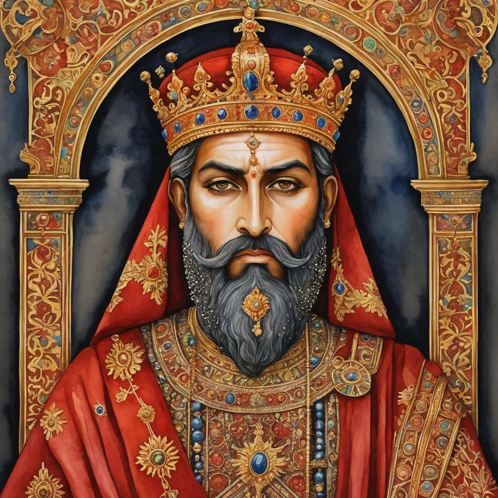 a painting of a man with a beard and a crown on his head and a red robe and gold trim, qajar art, a detailed painting, Daryush Shokof, regal