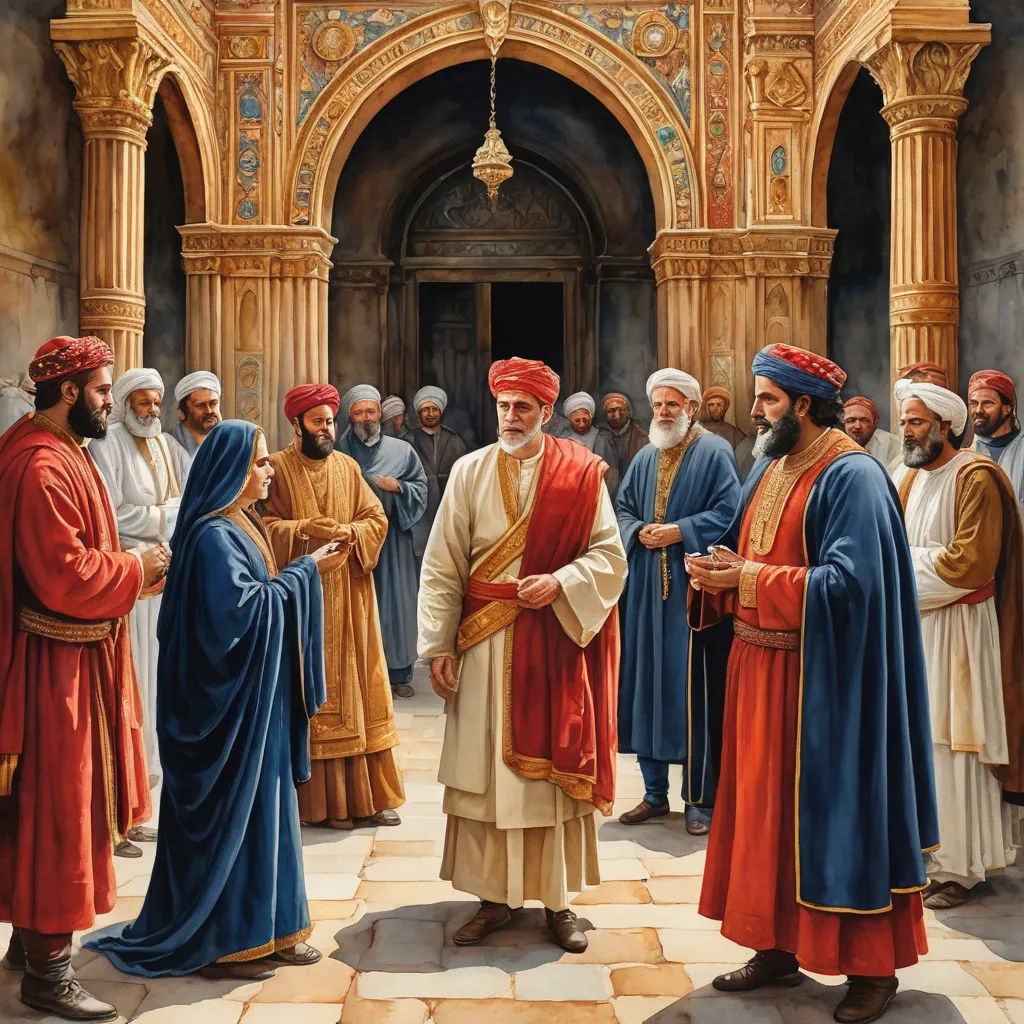 a painting of a group of men in robes standing in front of a building with a clock on it, qajar art, a detailed painting, Brothers Hildebrandt, detailed painting