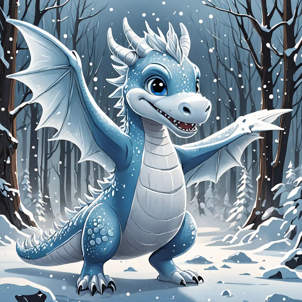 a cartoon dragon is standing in the snow in a forest with trees and snowflakes on it's sides, fantasy art, a storybook illustration, Anne Stokes, dragon art