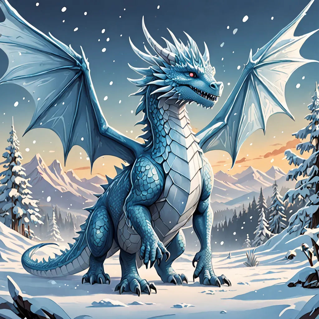 a blue dragon standing in a snowy landscape with trees and snow flakes on it's sides and a mountain in the background, fantasy art, a storybook illustration, Anne Stokes, dragon art