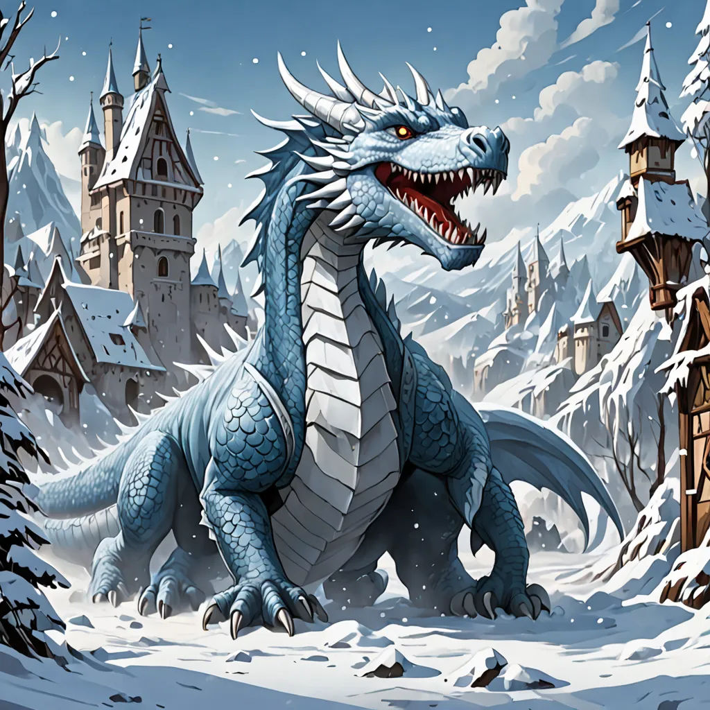 a dragon is standing in the snow near a castle and trees with snow on it's ground and a castle in the background, fantasy art, a storybook illustration, Chris Rahn, magic the gathering artwork