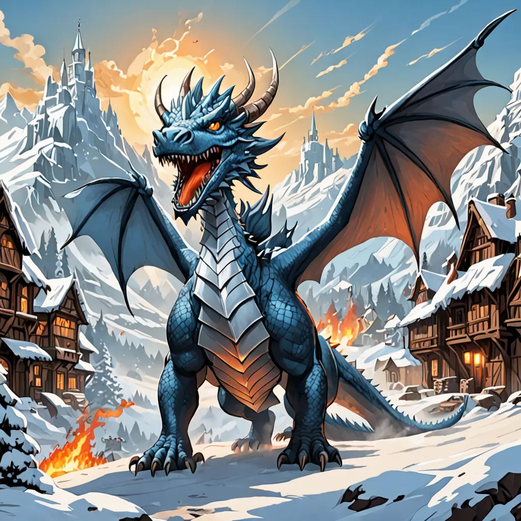 a dragon is standing in front of a snowy mountain town with a castle in the background and a glowing fire coming from its mouth, fantasy art, a storybook illustration, Anne Stokes, dragon art