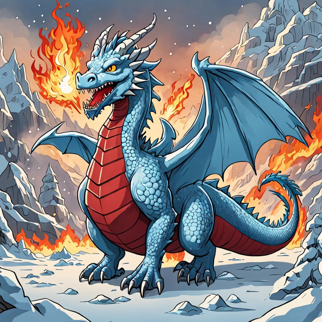 a cartoon dragon with a red body and blue wings, standing in a snowy landscape with mountains and rocks, fantasy art, a storybook illustration, Chris LaBrooy, dragon art
