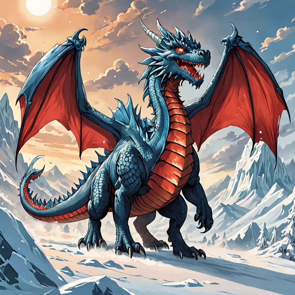 a dragon with red wings standing in the snow with mountains in the background and a sun in the sky, fantasy art, concept art, Anne Stokes, dragon art