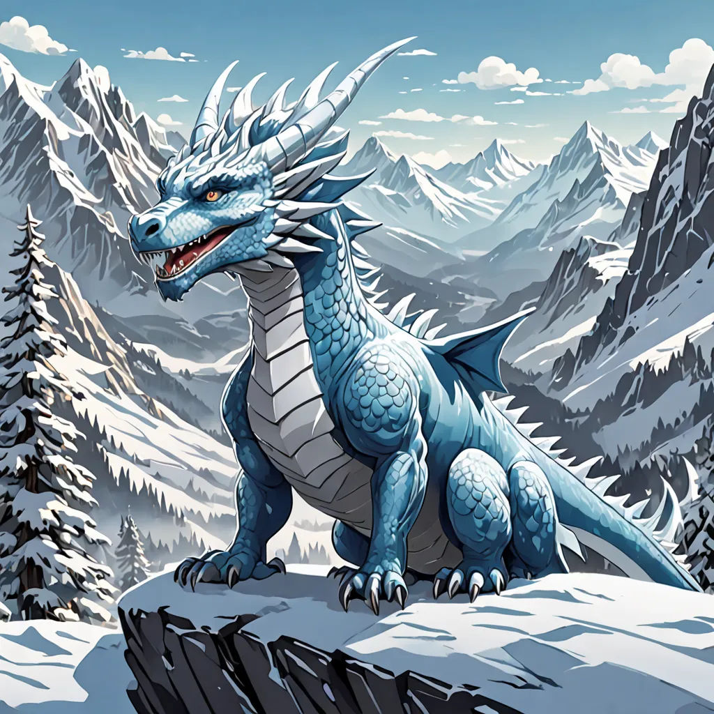 a blue dragon sitting on top of a snow covered mountain side with a snowy mountain behind it and trees, fantasy art, a storybook illustration, Brom, dragon art
