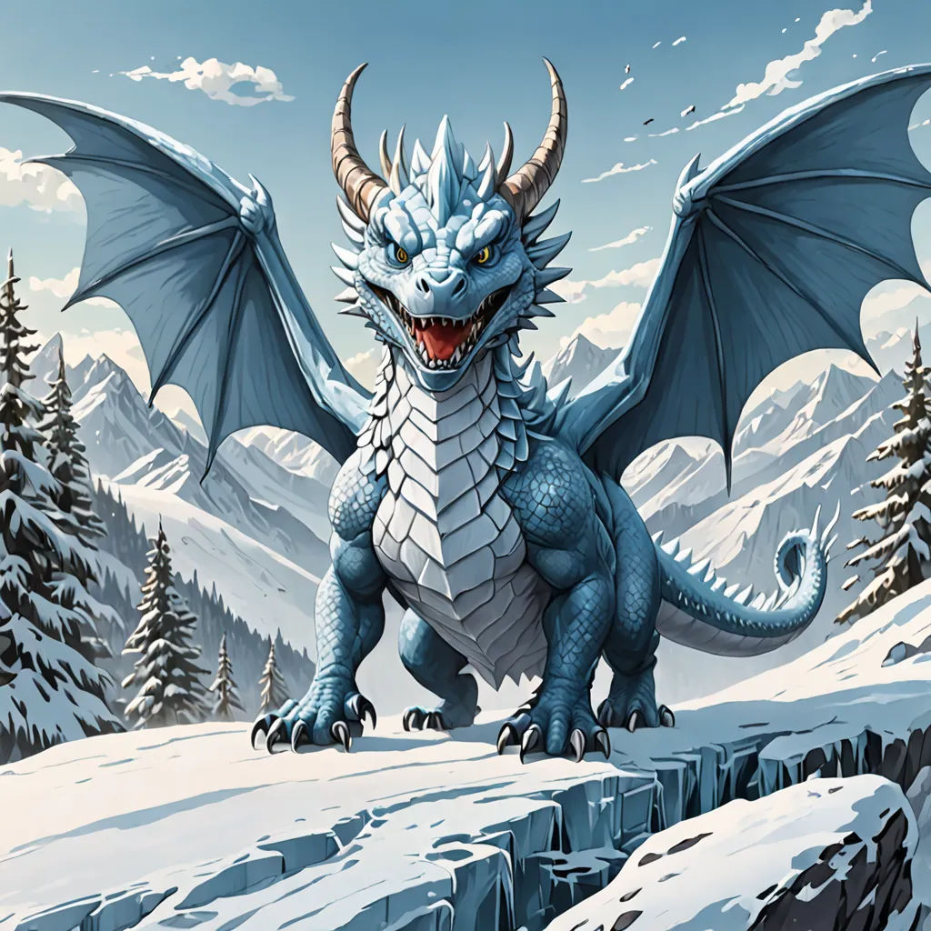 a dragon with large wings standing on a snowy hill with pine trees in the background and a mountain in the foreground, fantasy art, a storybook illustration, Anne Stokes, dragon art