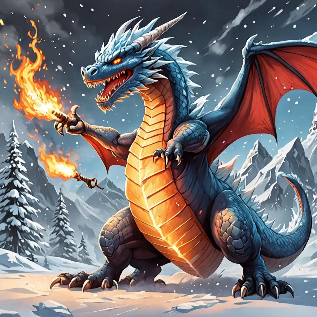 a dragon with a sword in its hand and a snowy landscape behind it, with trees and snow on the ground, fantasy art, concept art, Chris LaBrooy, dragon art