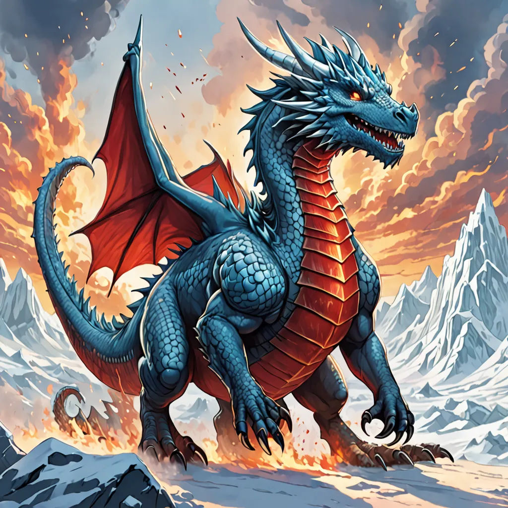 a blue dragon with red wings is running through the snow with mountains in the background and a cloudy sky, altermodern, concept art, Donato Giancola, dragon art