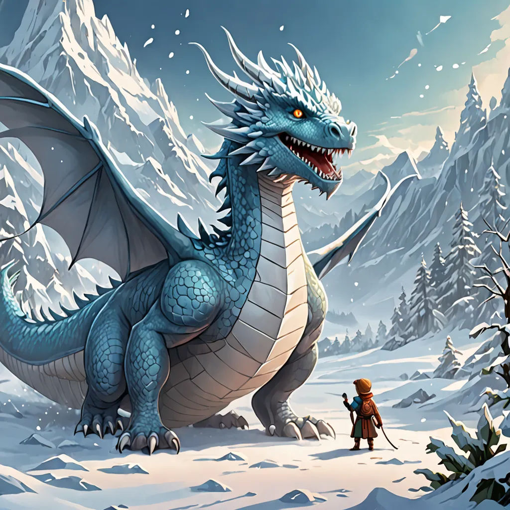 a dragon with a man standing next to it in the snow near a mountain range with snow on it, fantasy art, a storybook illustration, Christophe Vacher, dragon art