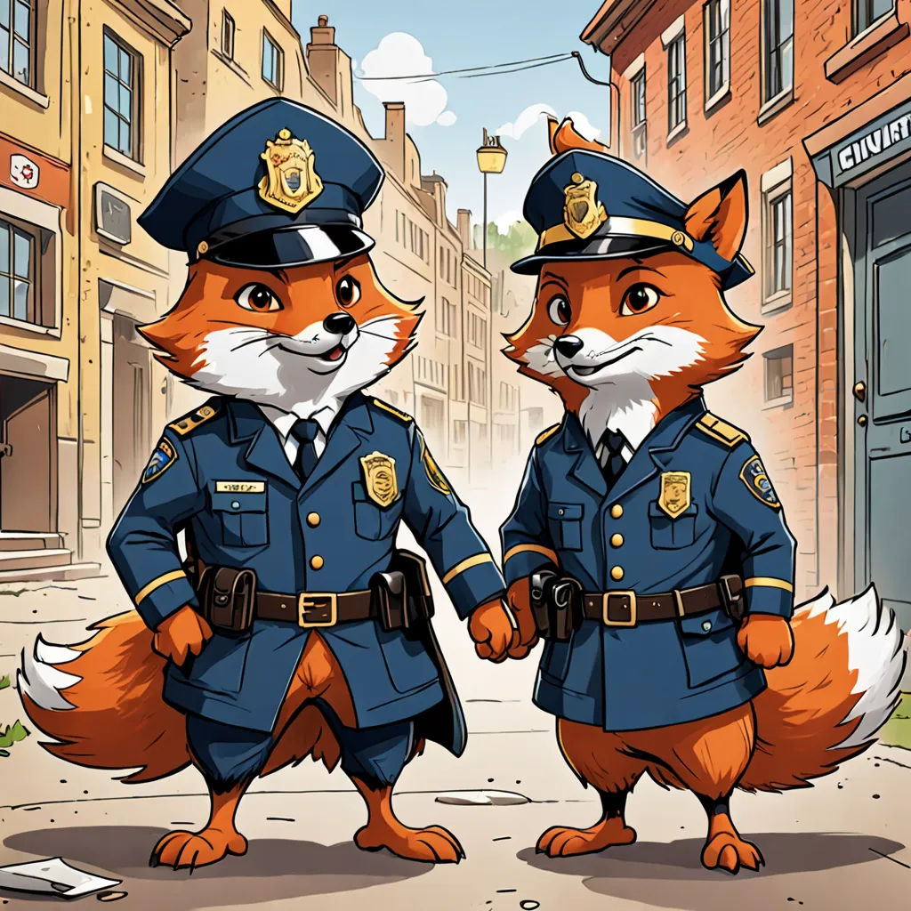 two cartoon foxes dressed in police uniforms standing in a street next to a building and a fire hydrant, furry art, a storybook illustration, Altichiero, official art