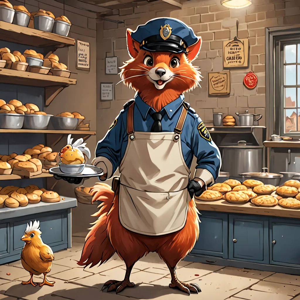 a cartoon of a fox in a bakery holding a tray of food and a chicken in a kitchen behind him, furry art, a character portrait, Chris LaBrooy, official art
