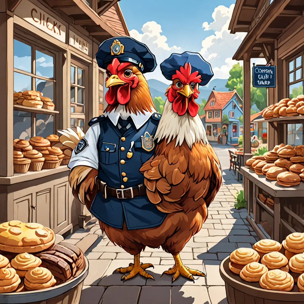 a cartoon of a chicken in a bakery with a cop in uniform and a basket of cookies in front of it, american scene painting, a stock photo, Chris LaBrooy, game art
