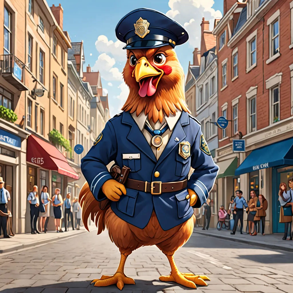 a cartoon of a chicken cop standing in the middle of a street with people walking around it and buildings in the background, furry art, a digital rendering, Chris LaBrooy, promotional image