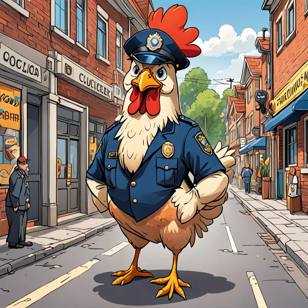 a cartoon chicken in a police uniform standing on a street corner in front of a storefront with a cop standing next to it, symbolism, concept art, Chris LaBrooy, ultra realistic illustration