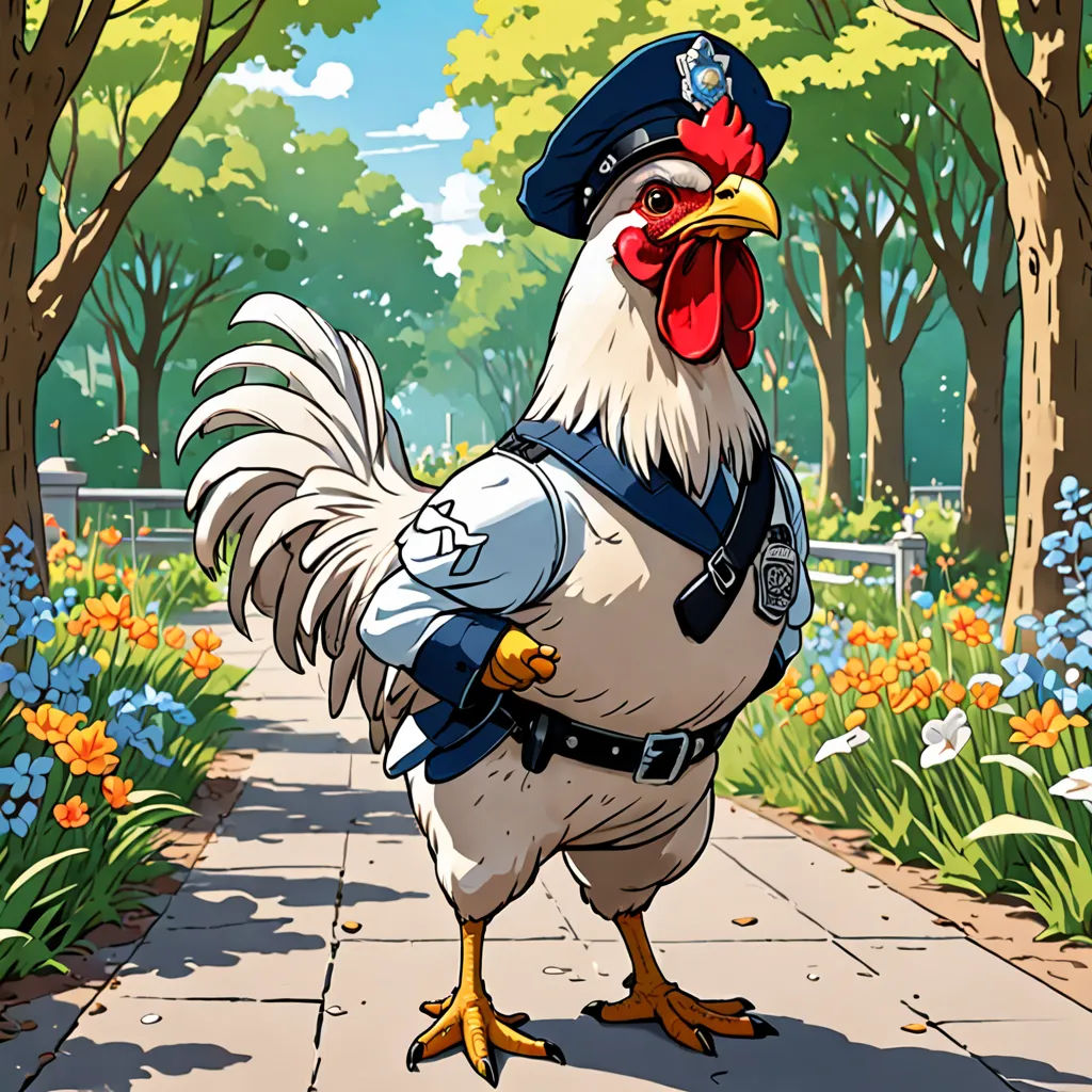a cartoon chicken dressed in a police uniform walking down a sidewalk in a park with flowers and trees around, symbolism, a character portrait, Chris LaBrooy, official art