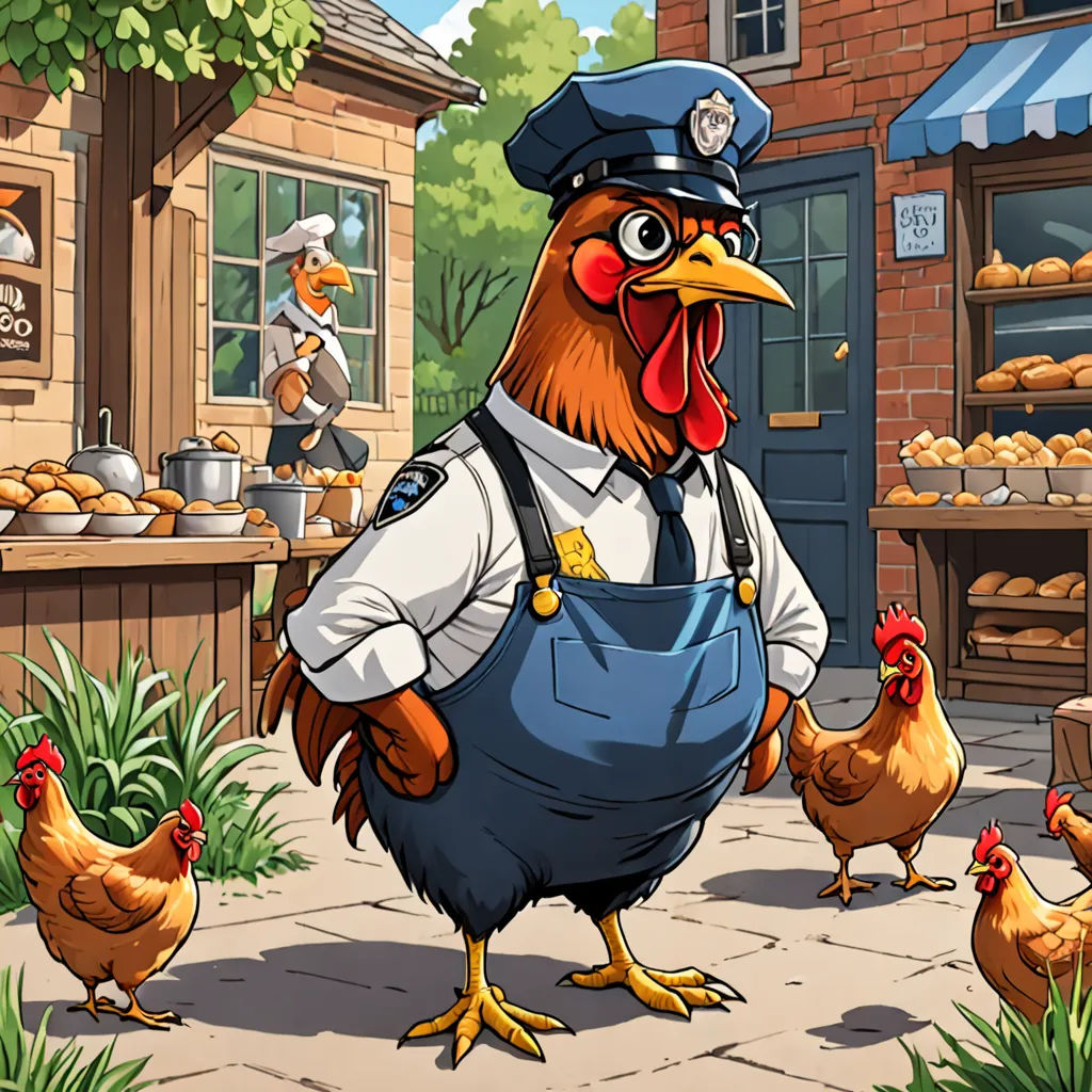 a cartoon of a chicken with a policeman outfit on and chickens in the background, and a man in a hat and apron, lyco art, a storybook illustration, Chris LaBrooy, game art