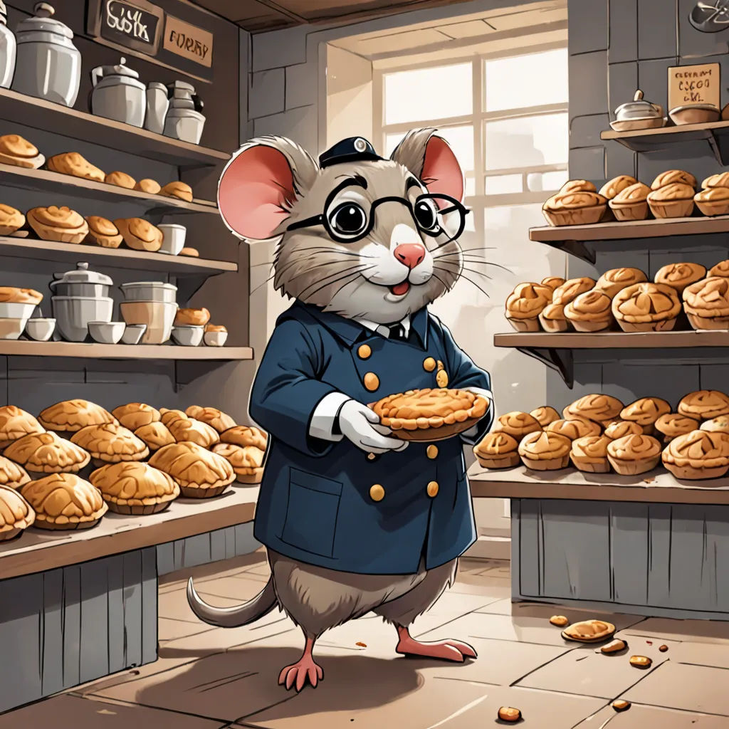 a mouse in a bakery holding a cookie in his hand and looking at the camera with a smile on his face, furry art, a storybook illustration, Art Spiegelman, official art