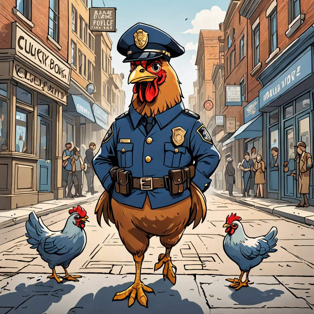 a cartoon of a chicken cop standing in the street with chickens on the sidewalk in front of him and a cop standing in the street, symbolism, a storybook illustration, Chris LaBrooy, josan gonzales and dan mumford