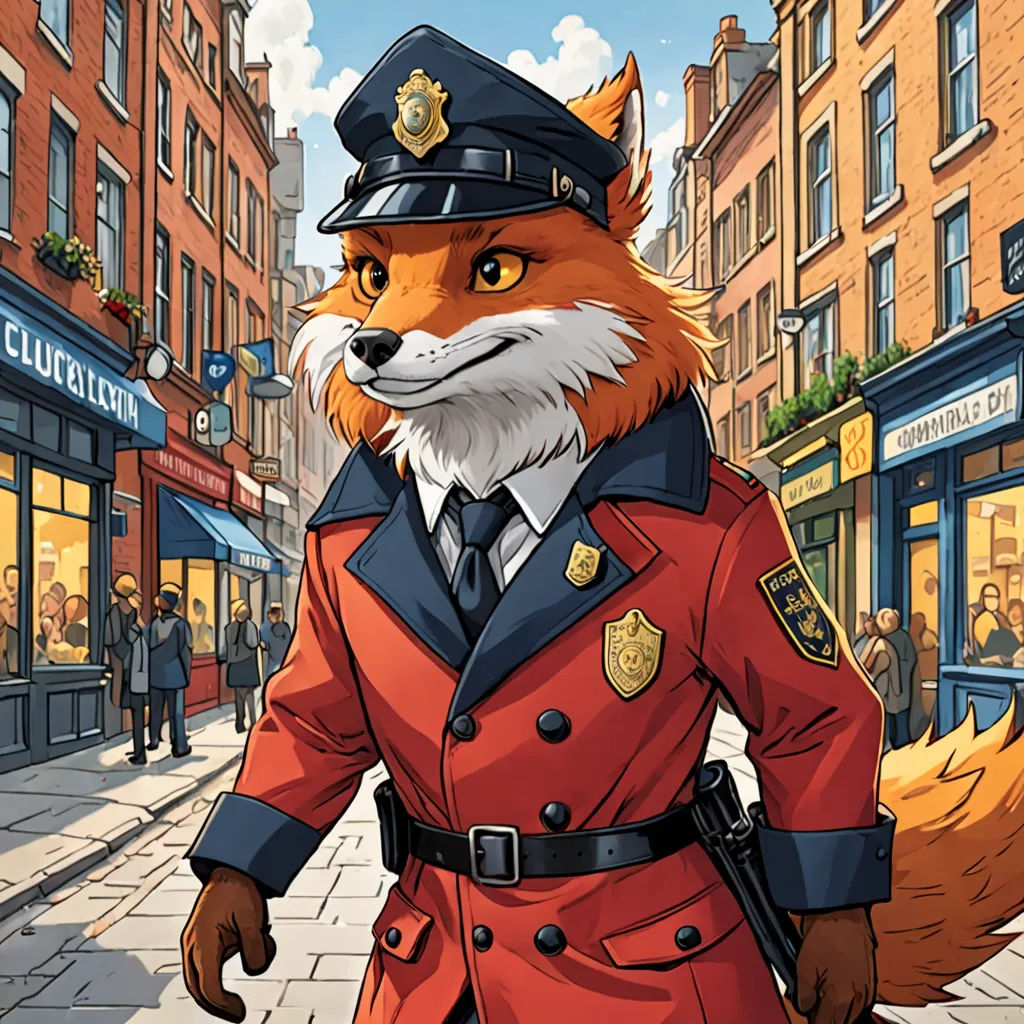 a fox in a police uniform walking down a street in a city with people walking by on the sidewalk, furry art, a character portrait, Chris LaBrooy, official art