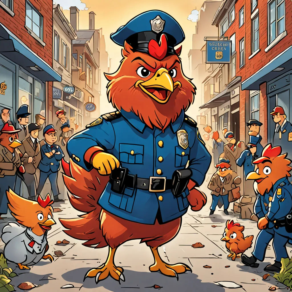 a cartoon of a chicken cop standing in front of a crowd of people on a city street with buildings, lyco art, a storybook illustration, Chris LaBrooy, official art