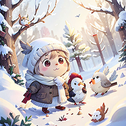 a girl is walking through the snow with birds and a bird on her shoulder, and a bird on her shoulder