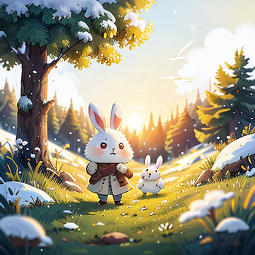 a rabbit and two rabbits in a snowy forest with trees and snow on the ground, with the sun shining through the trees
