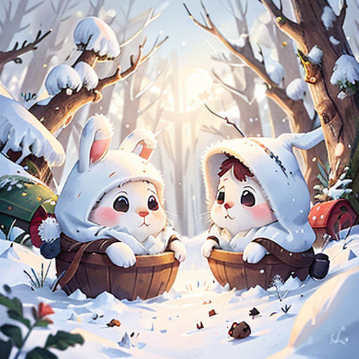 two cats in winter clothes sitting in a basket in the snow, with trees and snow covered ground behind them