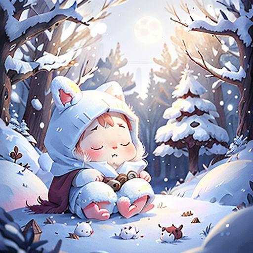 a little girl sitting in the snow with a cat on her lap and a dog on her lap, looking at the snow
