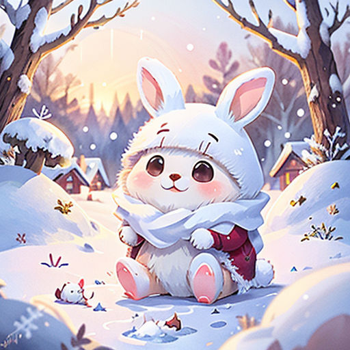 a cartoon bunny sitting in the snow with a scarf around its neck and a house in the background with snow falling on the ground