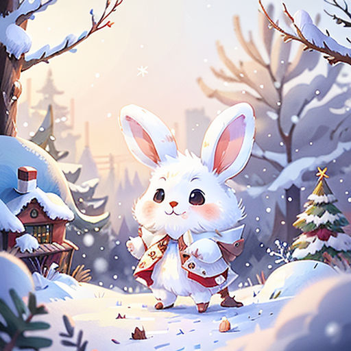 a white rabbit is walking through a snowy forest with a bird on his shoulder and a bird on his shoulder