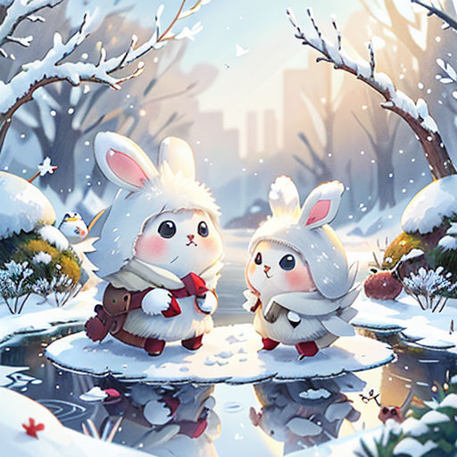 two rabbits are standing in the snow near a pond of water and trees, with snow falling on them