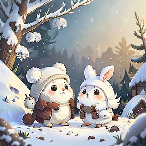 a couple of rabbits standing next to each other in the snow near a small hut and a tree with snow on it