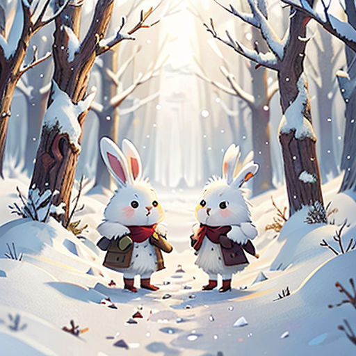 two rabbits are standing in the snow in a forest with trees and snow covered ground, with the sun shining through the trees
