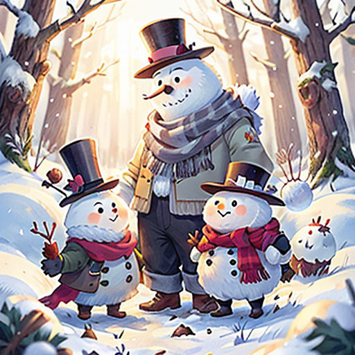 a snowman and two snowmen in a forest with trees and snowballs on the ground, with a man in a top hat and scarf