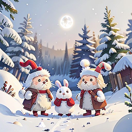 a group of rabbits standing in the snow with santa hats on and a snowman in the background with a full moon