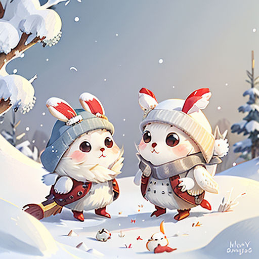 two rabbits in winter clothes walking through a snowy forest with trees and snowballs on the ground, with snow falling all around