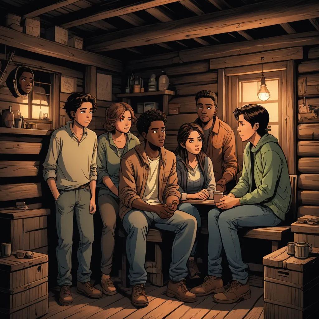 a group of people sitting around a table in a cabin with a light on above them and a window, sots art, a comic book panel, Cedric Seaut (Keos Masons), official art