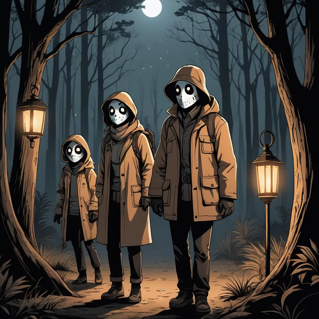 a couple of people standing in the woods with a lantern in the background and a full moon in the sky, serial art, poster art, Dan Mumford, comic cover art