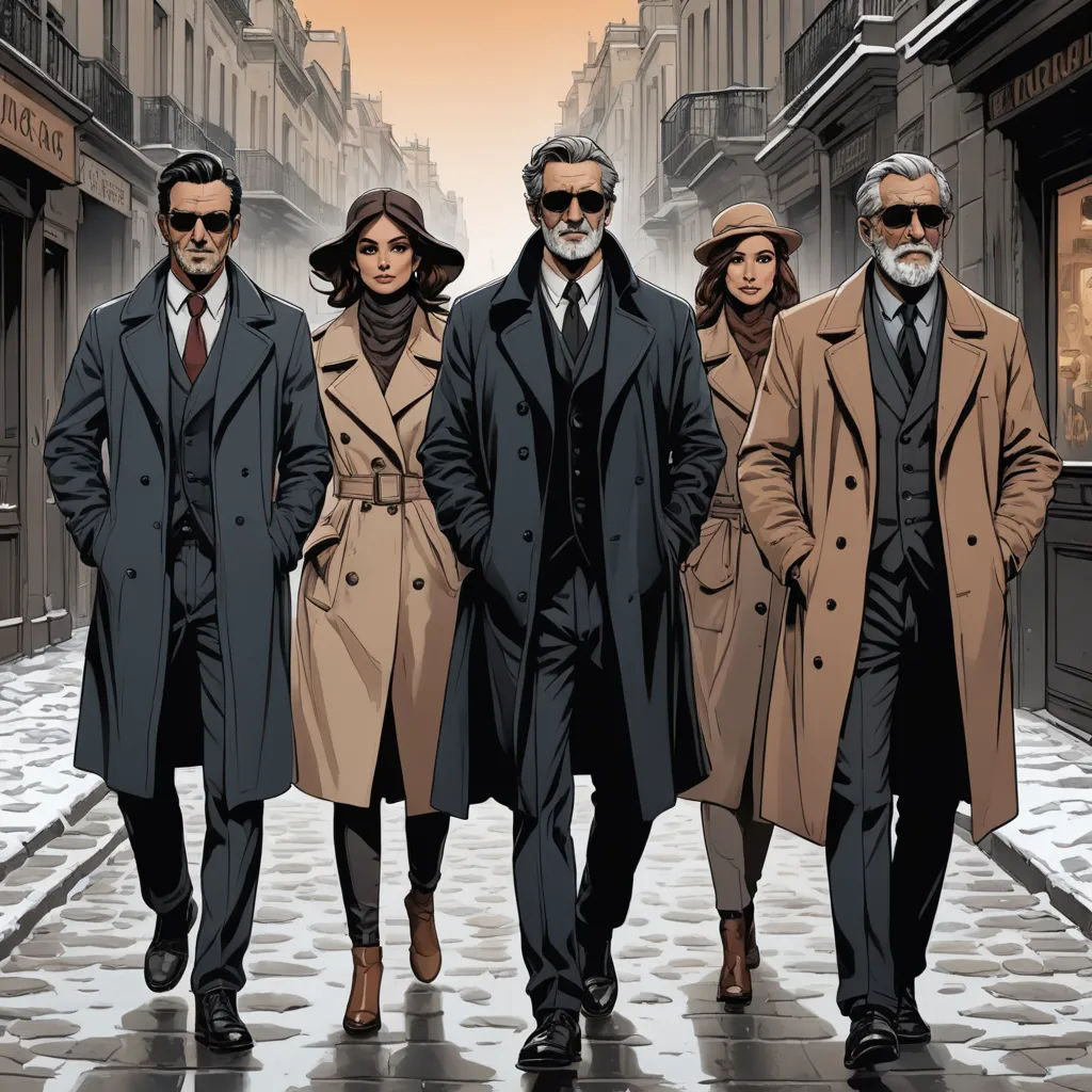 a group of people walking down a street in coats and hats and sunglasses on a city street with buildings in the background, modern european ink painting, a comic book panel, Bourgeois, comic cover art