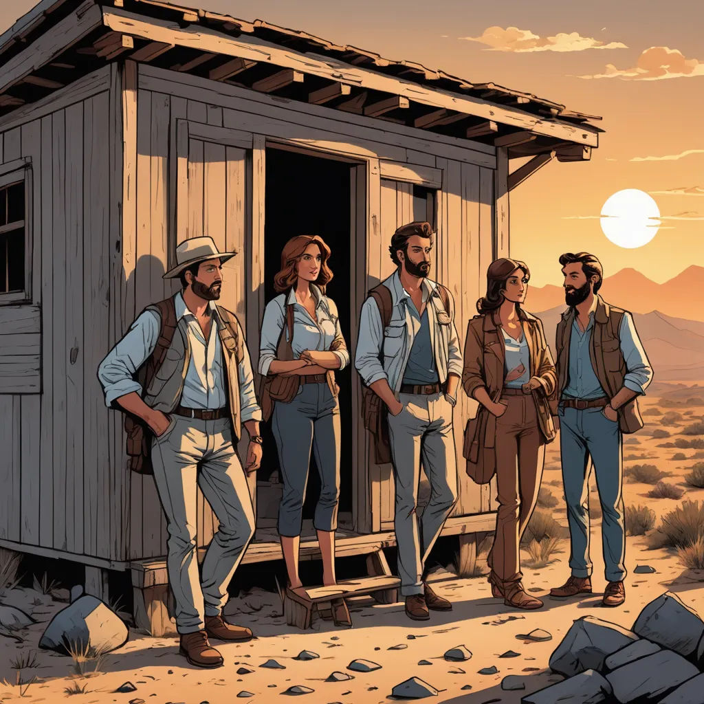 a group of people standing outside of a small building in the desert at sunset or dawn with a man standing in the doorway, primitivism, a comic book panel, Diego Gisbert Llorens, western comic book art