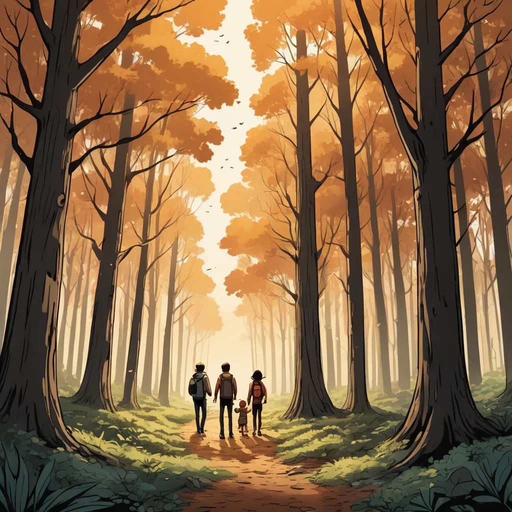a family walking through a forest with trees in the background and a sun shining through the trees on the ground, environmental art, a comic book panel, Atey Ghailan, comic cover art