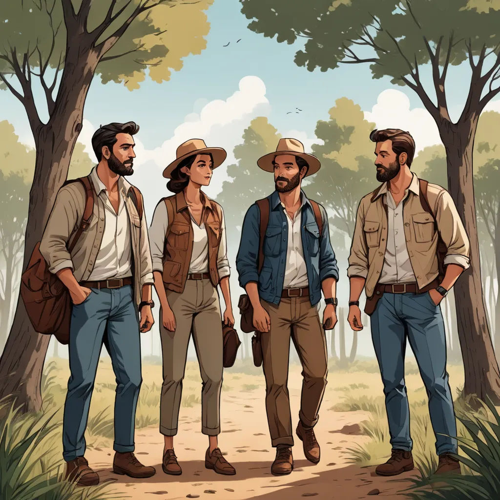 a group of people standing next to each other in a forest with trees and grass on either side of them, figurativism, an illustration of, Atey Ghailan, game art