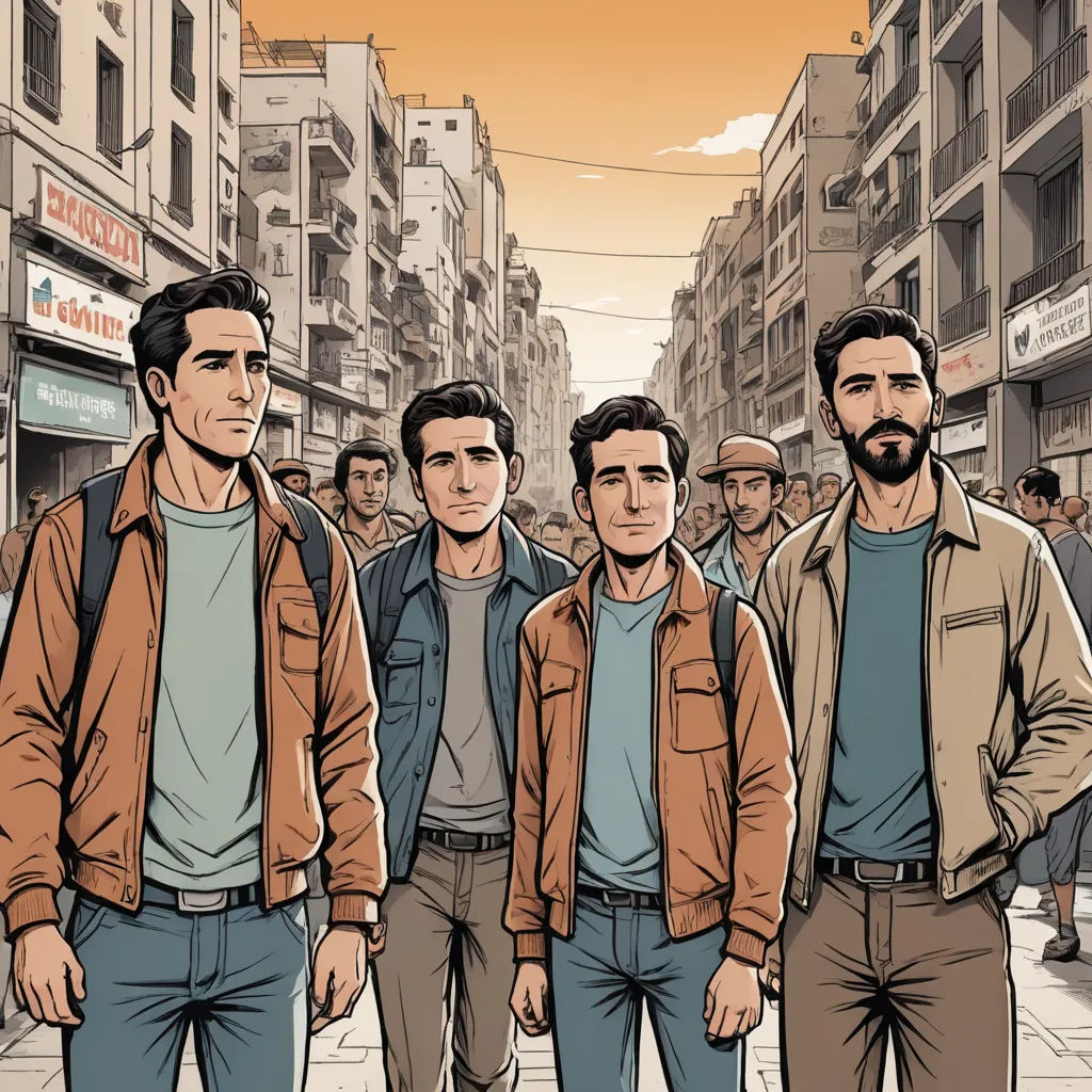 a group of men standing on a street next to each other in front of a crowd of people in a city, serial art, a comic book panel, Asaf Hanuka, graphic novel