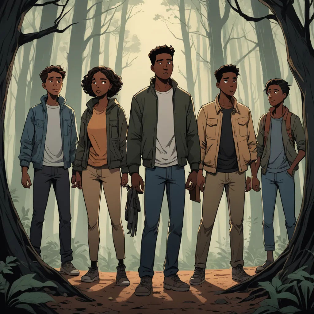 a group of people standing in a forest with trees in the background and a man holding a gun in the foreground, sots art, poster art, Cedric Seaut (Keos Masons), comic cover art