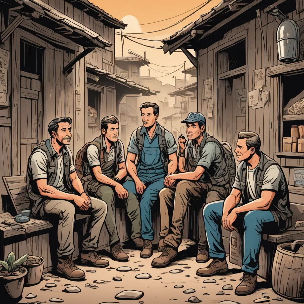a group of men sitting on a bench in a village with a woman standing next to them and a man standing next to them, underground comix, a comic book panel, F Scott Hess, comic cover art