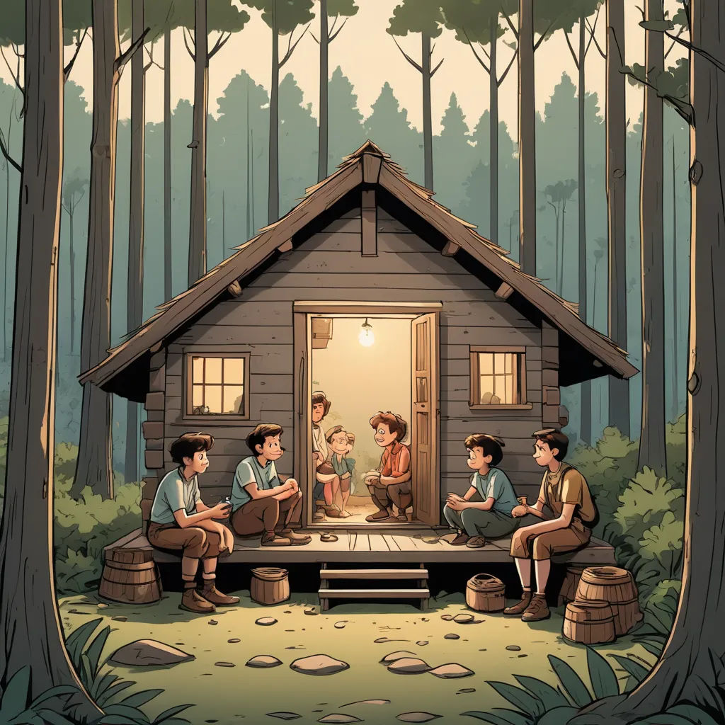 a group of people sitting outside of a cabin in the woods with a dog on the porch and a man on the porch, plein air, a storybook illustration, Diego Gisbert Llorens, storybook illustration