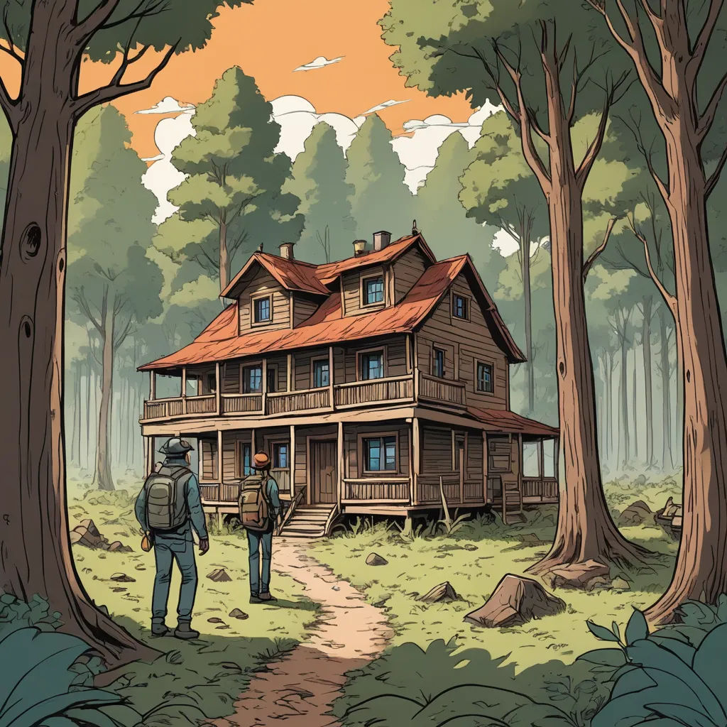 a couple of people standing in front of a house in the woods with a bear on the porch and a bear on the back of the house, process art, a storybook illustration, Dan Mumford, comic cover art