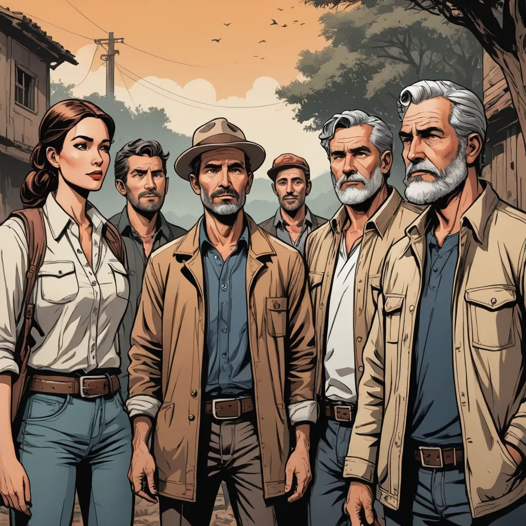 a group of people standing next to each other in a street with a tree in the background and a man in the middle of the picture, serial art, a comic book panel, David Palumbo, western comic book art