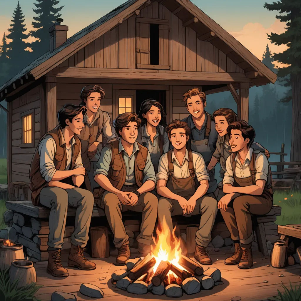 a group of people sitting around a fire pit in front of a cabin with a cabin on the side, sots art, a storybook illustration, Brothers Hildebrandt, official art